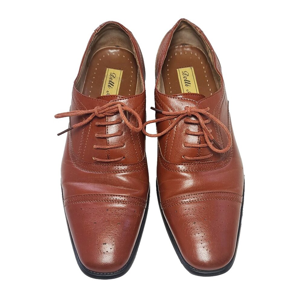 Men's Dress Shoes Cognac Brown Leather Oxford Cap Toe Lace-up Size 10
